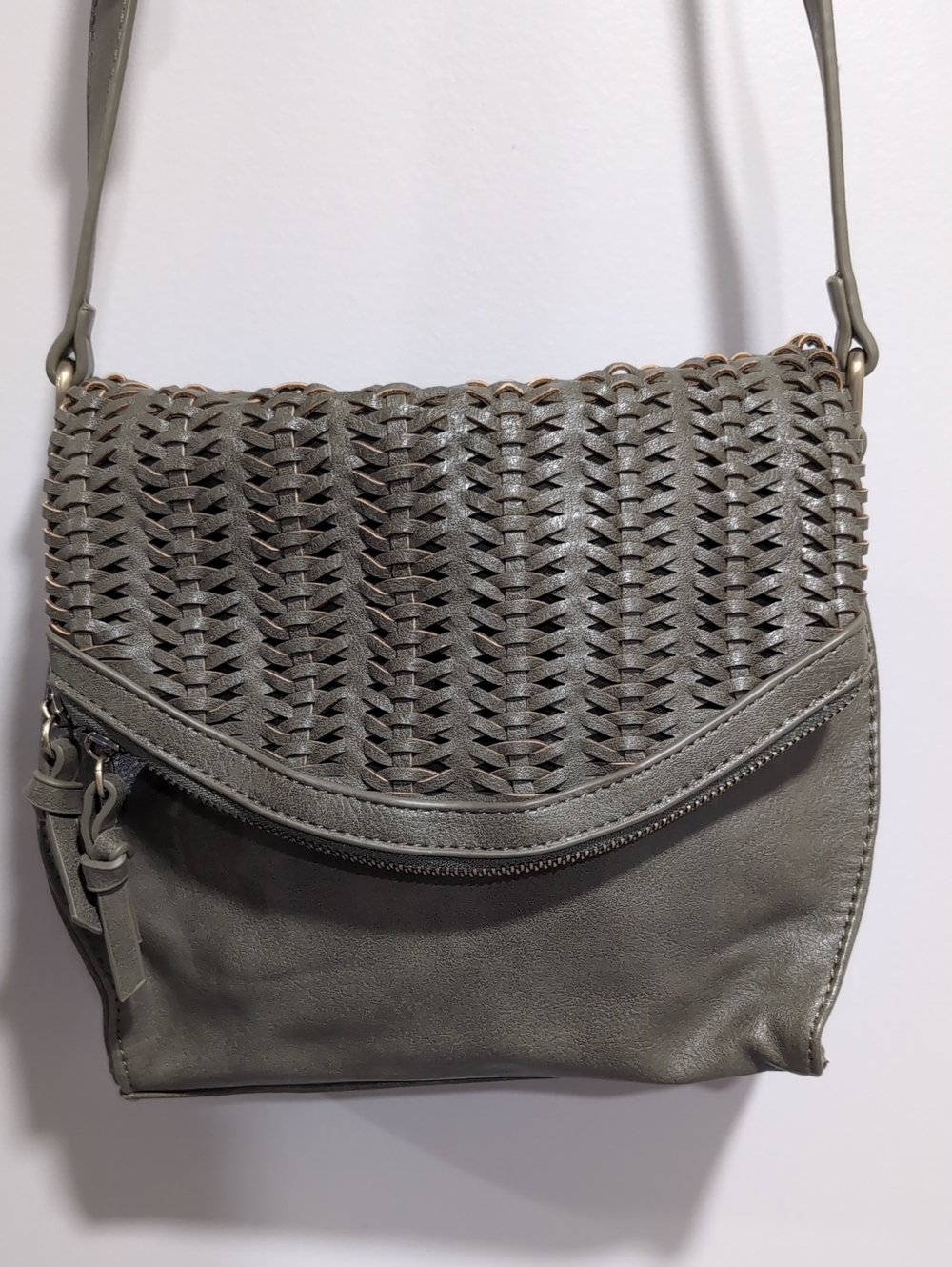 Sasha+Sofi Olive Green Crossbody Bag with A Woven Front Flap.